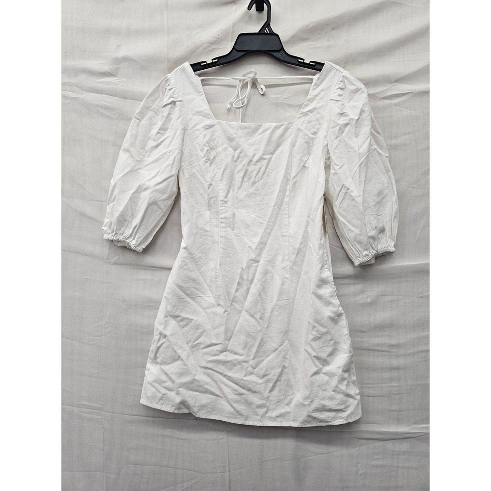 A New Day Womens Puff Sleeve Mini Dress White Cotton Linen Casual Size XS